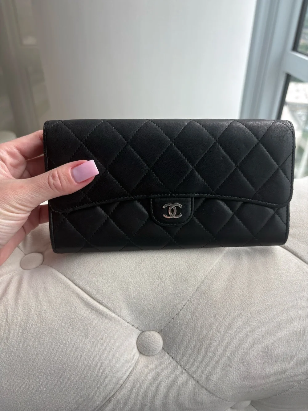 AUTHENTIC CHANEL GUSSET FLAP  BLACK QUILTED LEATHER WALLET ON CHAIN